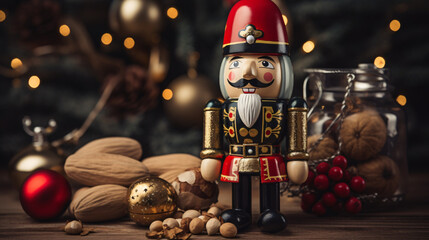 Close up of a Christmas nutcracker. Toy Soldier. Christmas copyspace background - obrazy, fototapety, plakaty