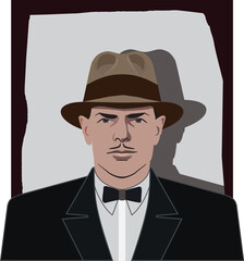Vintage mafia avatar vector, mafia portrait with hat from the 1930s. Gentleman portrait vector graphic with hat. Male portrait illustration from the 1930s.