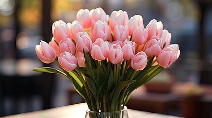 Beautiful bouquet of pink tulips on farmers market.