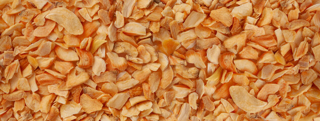 Dry Garlic Slices, Crispy Fried Cloves Pile Closeup, Roasted Grilled Garlic Flakes, Clove Chip Group - obrazy, fototapety, plakaty