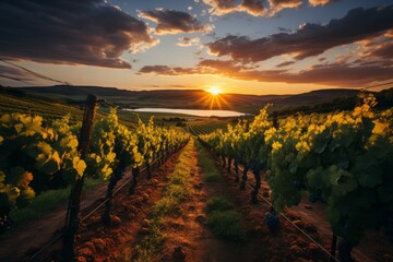 Vineyard at sunset with rows of grapevines bathed in golden light, Generative AI