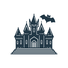 Halloween castle and bat icon. Horror house building castle. Isolated vector illustration.