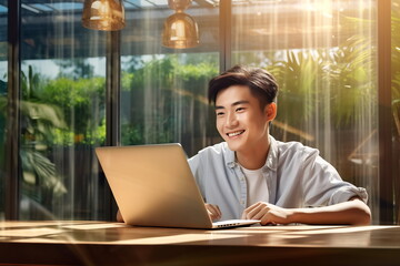 Fototapeta premium Chinese man using laptop on the table near big window. Texting on laptop sending message or chatting with online social media.