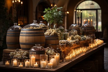 Fototapeta na wymiar Wine barrel room with soft candlelight creating a warm and inviting atmosphere, Generative AI