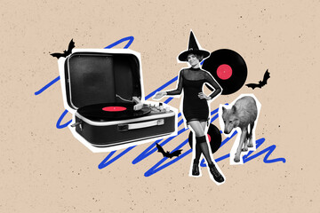 Creative collage of mini black white effect enchant girl demonstrate big vinyl record player wolf...