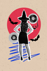Vertical collage picture of rear mystic enchant girl video cassette tape flying bats isolated on painted beige background