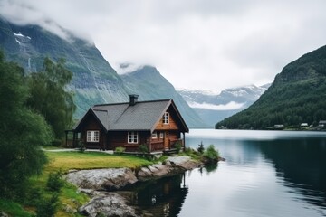 House in a national park on the shore of a picturesque lake. A small wooden house in a coniferous forest on the shore of a lake. A place for privacy and escape from the bustle of the city.