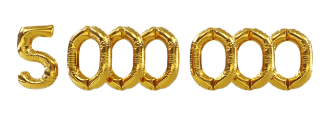 3D render of Golden five million or 5M number balloons isolated on white background. 5 Million followers celebration.