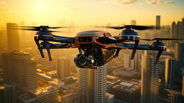 Innovation photography concept. Silhouette drone Flying over San-Francisco city on blurred background. Heavy lift drone photographing city at sunset