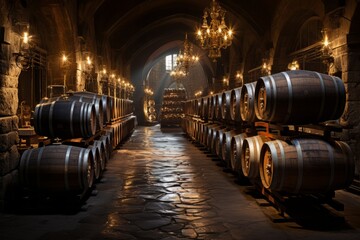  Winery's barrel room with its vintage wines aging gracefully, Generative AI