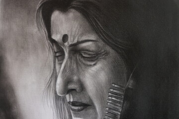 Indian woman sitar artist. Drawing pencil art. Indian Traditional Music. 