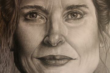 Face of woman. Pencil art Drawing. Detals of face. Close Up.  