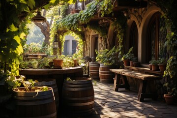 Wine-themed garden with grapevines and wine barrel planters, Generative AI