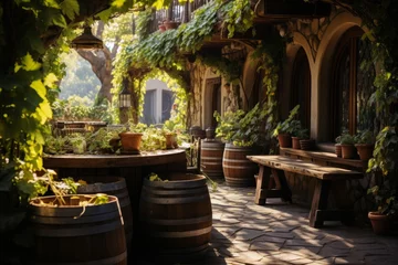 Zelfklevend Fotobehang Wine-themed garden with grapevines and wine barrel planters, Generative AI © Shooting Star Std