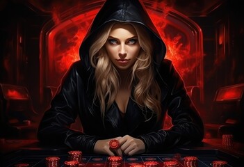 A hot sexy girl plays poker and blackjack roulette in a casino. Card chips on the table, gambit. Luck, victory, luck and jackpot accompany her - obrazy, fototapety, plakaty