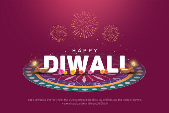 Happy diwali design with diya oil lamp elements on purple rangoli background, bokeh sparkling effect