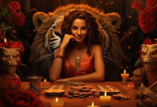 Beautiful hot sexy girl plays poker, casino, blackjack. Protected by wolves and dogs. Dogs and wolves play at the poker table