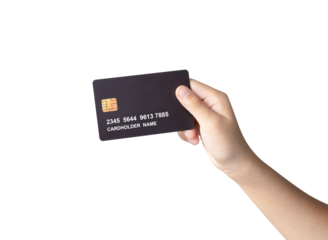 Hand holding luxury credit or debit card isolated, hand showing black credit or debit card for online shopping and payment, Credit or debit cards and financial privileges concept.