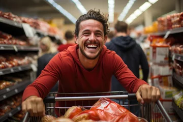 Foto op Aluminium A young and joyful man with a shopping cart overflowing with products in a bustling supermarket. © monvideo