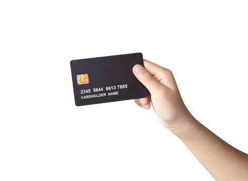 Hand holding luxury credit or debit card isolated, hand showing black credit or debit card for online shopping and payment, Credit or debit cards and financial privileges concept.