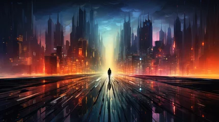 Fotobehang Urban Cyber technology Background a track in a cyberpunk futuristic city pictorial illustration © ArtStockVault