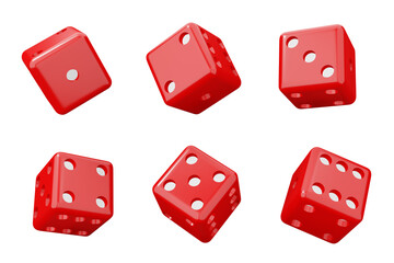 Cubes for the casino. Red dice set 3D illustration set isolated on white. - obrazy, fototapety, plakaty