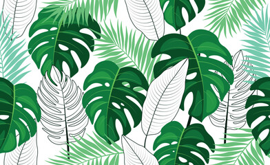 Seamless background with tropical plants in cartoon style. Vector illustration of beautiful background with monstera, banana and palm leaves, linear silhouettes of leaves isolated on white background.