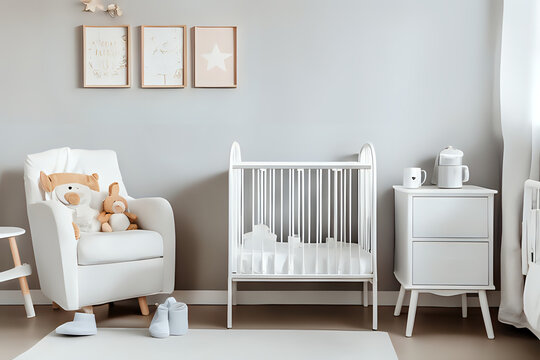 White metal bedside table with decor in bright bedroom interior with door to newborn baby room with crib, cabinet and toys