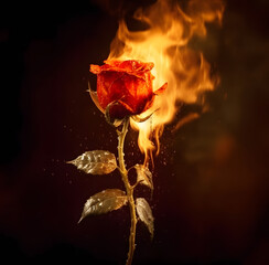 Red rose burning with flames. Love passion concept artwork