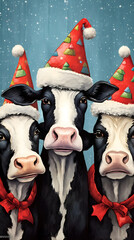 Funny portrait of family of cows wearing Christmas hats, Pop Art style concept 