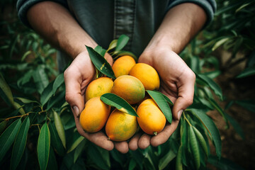 Man holds harvest of mango in his hands