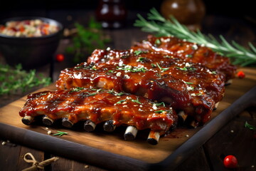 Succulent thick juicy portions of grilled pork ribs served on an old wooden board