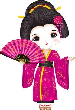 recommend clip art: Vector Beautiful Geisha in Pink Kimono