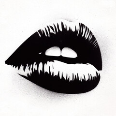 female lips graffiti stencil-art sprayed in black over white, generative ai