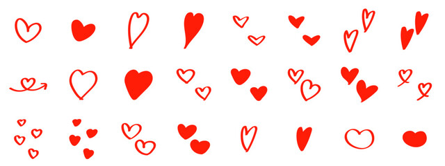 Cute hand drawn heart illustration set on a white background..  Vector illustration heart icons.