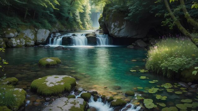 山奥にある苔生した渓流の小さな滝
シームレスループ動画