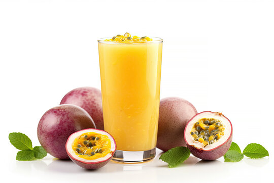 Passion fruit Fresh beverage juice or cocktail in glass isolated on white background, Healthy natural product for freshness, Summer drinks concept.