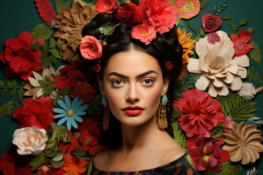 Artistic portrait of Mexican Spanish girl with flowers on green background. Spanish culture, national Hispanic Heritage Month