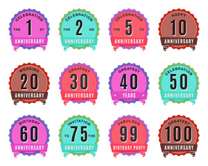 Anniversary Logo Templates Set. Wedding badges in flat modern style and different color palletes. Birthday anniversary labels. Stock designs