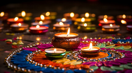 Obraz na płótnie Canvas Oil lamps lit on colorful rangoli during diwali celebration