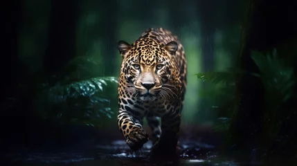 Foto op Plexiglas Close-up of a jaguar stalking prey in the rain © giedriius