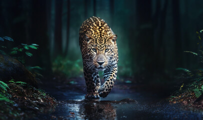 Close-up of a jaguar stalking prey in the rain