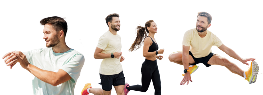 Warm-up fitness motivation active and healthy lifestyle. People athletes friends fitness training in sportswear. Runners are a woman and a man jogging.  Transparent isolated background.