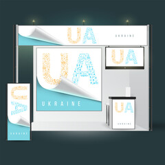 Ukrainian corporate template design for exhibition branding in modern national patriotic style. Silhouette letter ua from small geometric elements. Creative minimal concept art. Vector illustration.