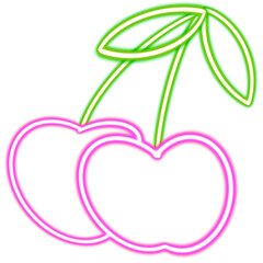 cherry glowing desktop icon PNG, two cherries on stem neon sticker, neon figure, glowing figure, neon geometrical figures 