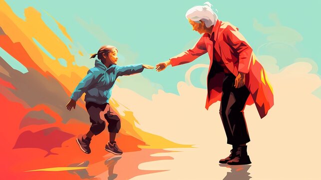 Illustration of a child helping an elderly person, generational support, pop art style banner