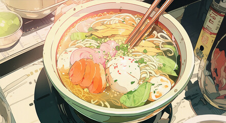 Ramen Culinary Marvel: Anime-style Illustration of Delight, Generative AI