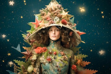 portrait d'une femme portant un chapeau en sapin de noël, concept haute couture, vêtement de luxe