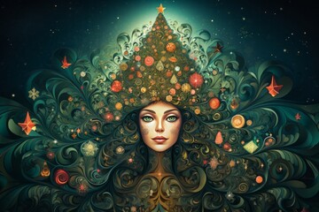 Femme portant un chapeau en forme de sapin avec des boules de couleurs en décoration. Concept moderne et tendance de Noël.