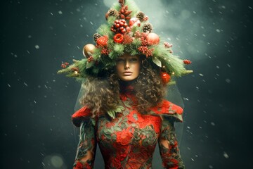 portrait d'une femme sapin de Noël, concept haute couture, vêtement de luxe